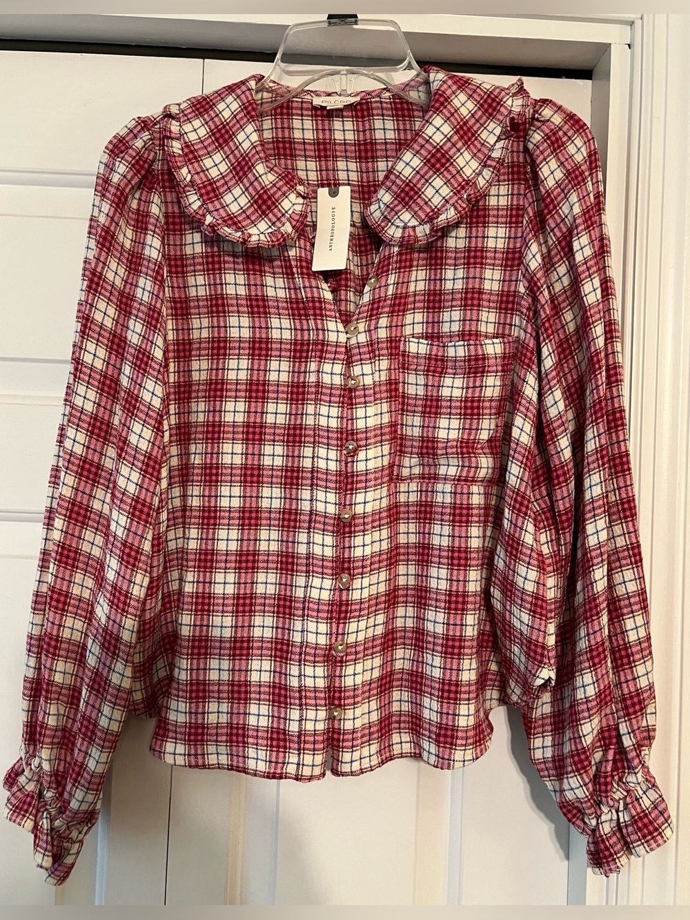 Pilcro Anthropologie Pink Keira Plaid Blouse Top | Ruffle Collar NWT XS #2627 - Picture 3 of 11
